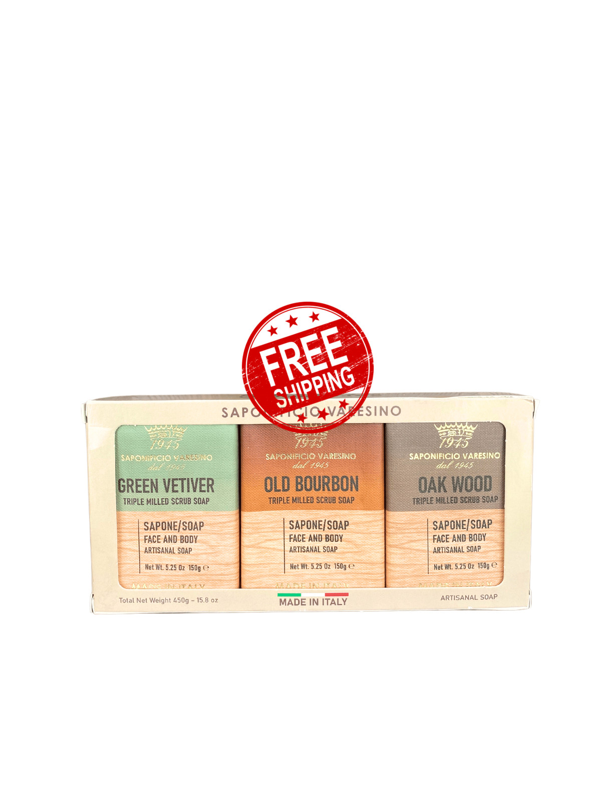 Green Vetiver, Old Bourbon & Oak Wood Soap Bar Trio | Made in Italy | Bold