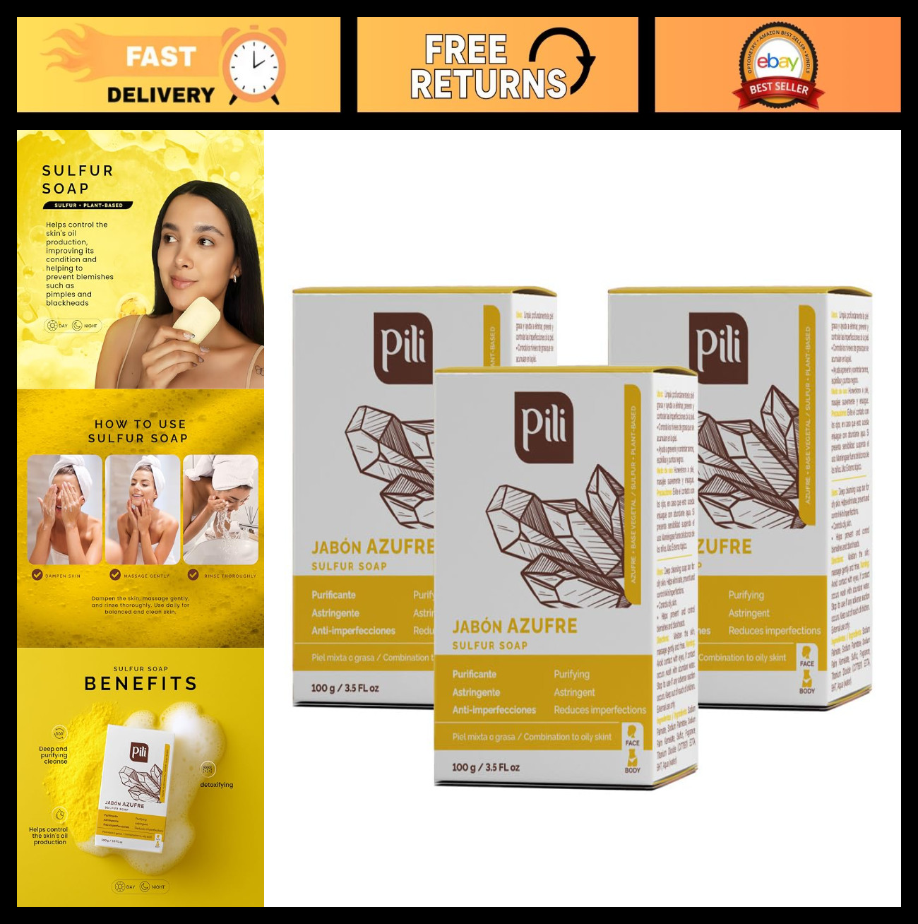 Natural Sulfur Soap Bars 3-Pack – Deep Cleansing, Oil Control, Healthy Skin for