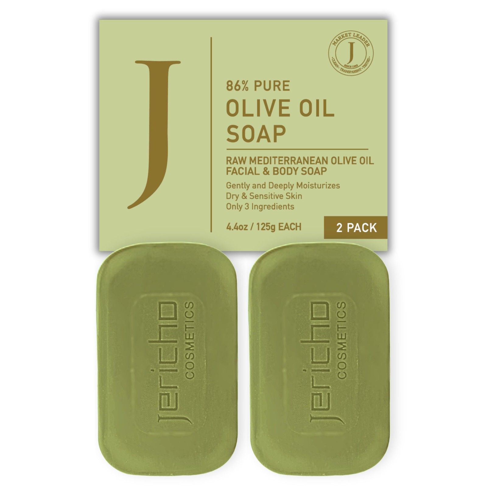 Jericho Olive Oil Soap Bar – 86% Pure Cold Pressed 4.4 Ounce (Pack of 2)