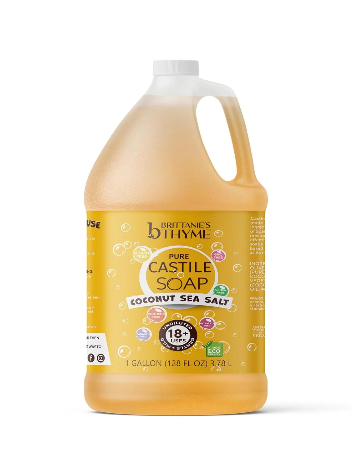 Brittanie’s Thyme Pure Castile Soap – Coconut Sea Salt, 1 Gallon (128 oz) – Natu