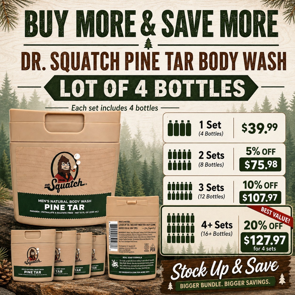 Dr Squatch Pine Tar Body Wash 8 oz Lot of 4 Men’s Natural Soap New