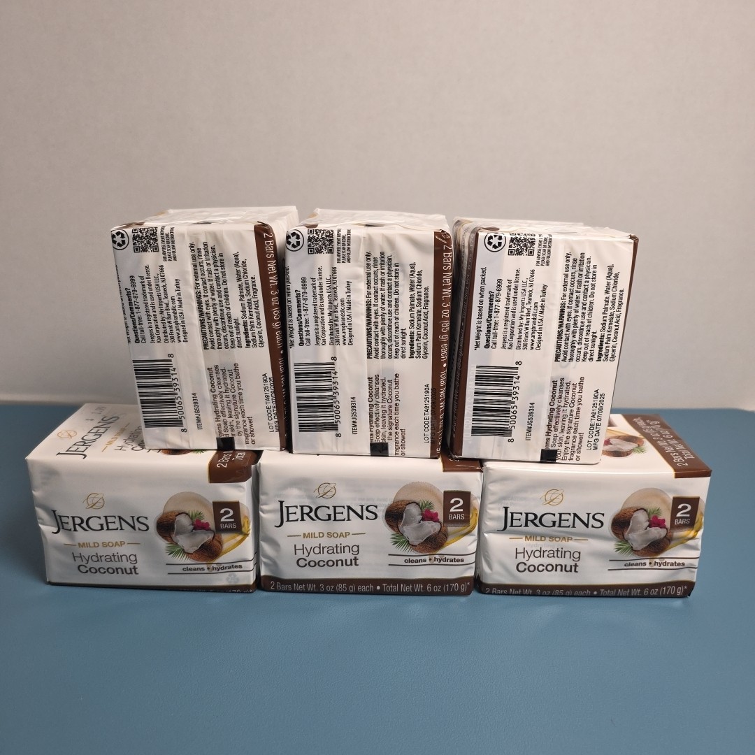 12 Bars JERGENS Mild Soap,Hydrating Coconut 6 Packs Net Wt 3 OZ Each Soap