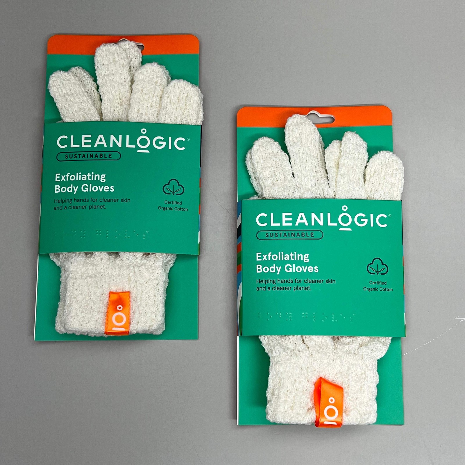 CLEANLOGIC (2 PACK) Certified Organic Cotton Exfoliating Body Gloves White 12001