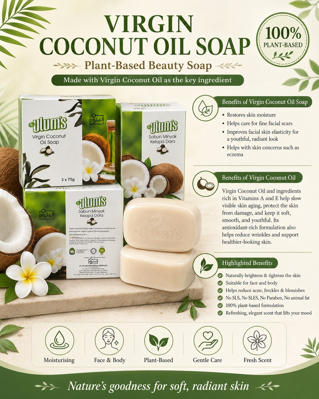 Virgin Coconut Oil Soap 75g x3 Natural Herbal Moisturizing Soap Face Body No SLS