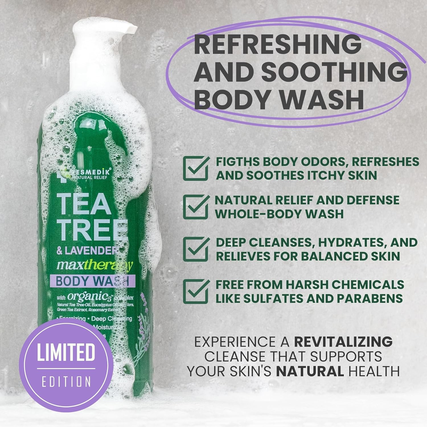 Tea Tree Lavender Body Wash MaxTherapy, Itchy Skin Relief, Antifungal Defense,
