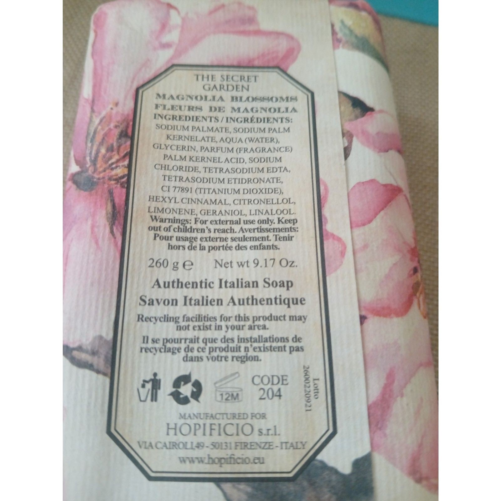 Hopificio Firenze Magnolia Blossoms Finest Triple Milled Soap Italy 9.17 oz