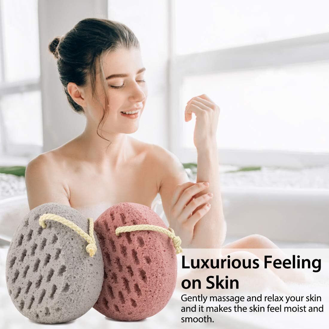 BAIMEI Bath Sponge, Sponge Loofah Body Scrubber, Shower Pouf Pink Grey