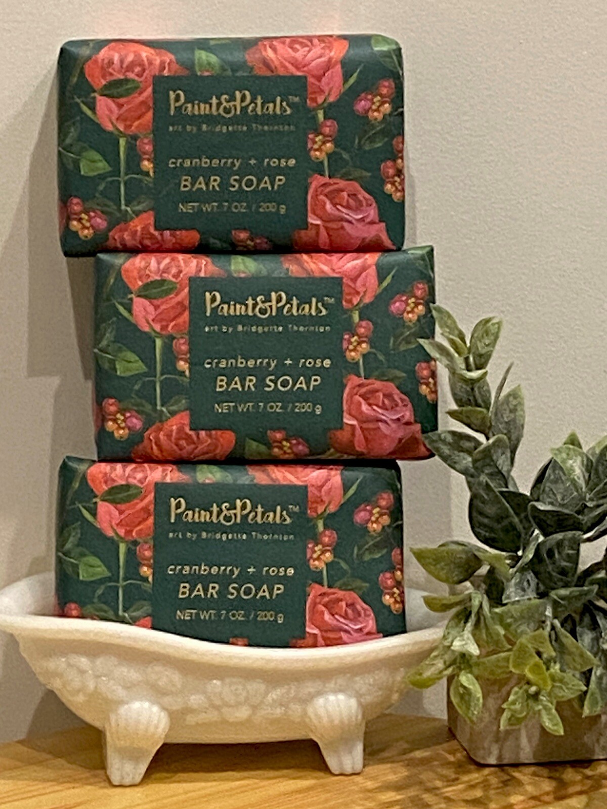 3 PACK- Paint & Petals Cranberry + Rose Scented Luxury Bar Soap w/Shea 7oz ea