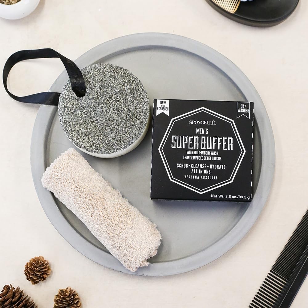 Spongellé Men’s Super Buffer, Verbena Absolute | 20+ Washes | Body Wash Infused