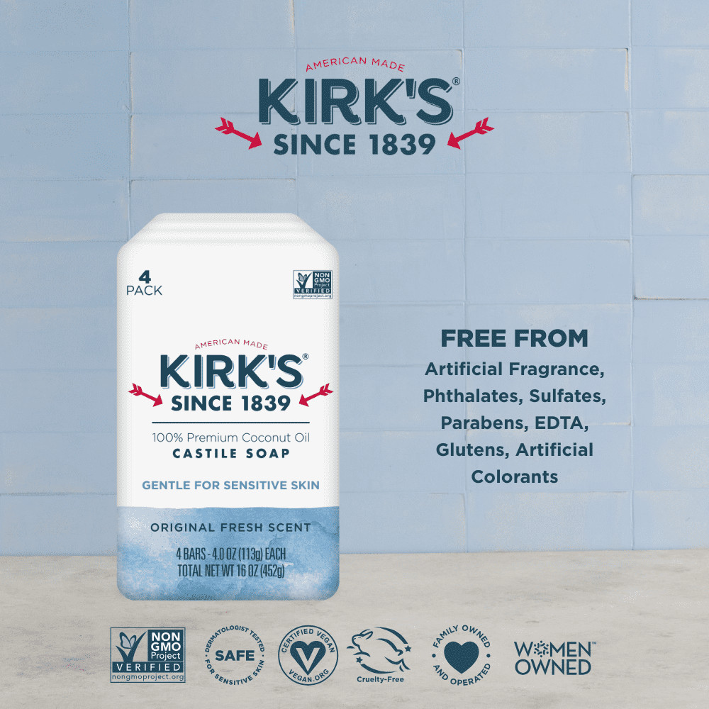 Kirk’s Castile Soap, Premium Coconut Oil, Original Fresh Scent, 4oz Bars, 16Pack