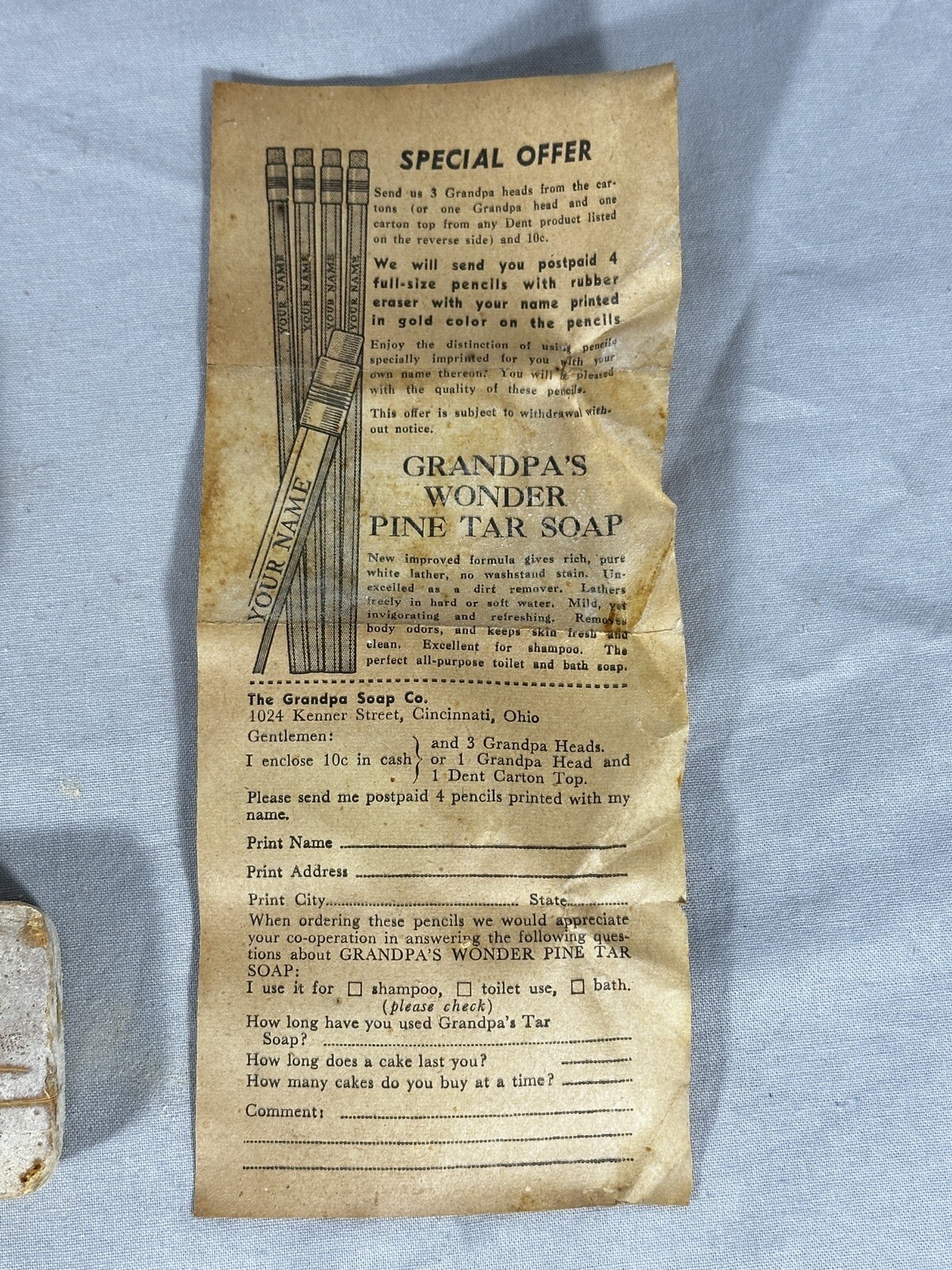 Antique Grandpa’s Wonder Pine Tar Toilet Soap Cincinnati Ohio Orig Paper Insert