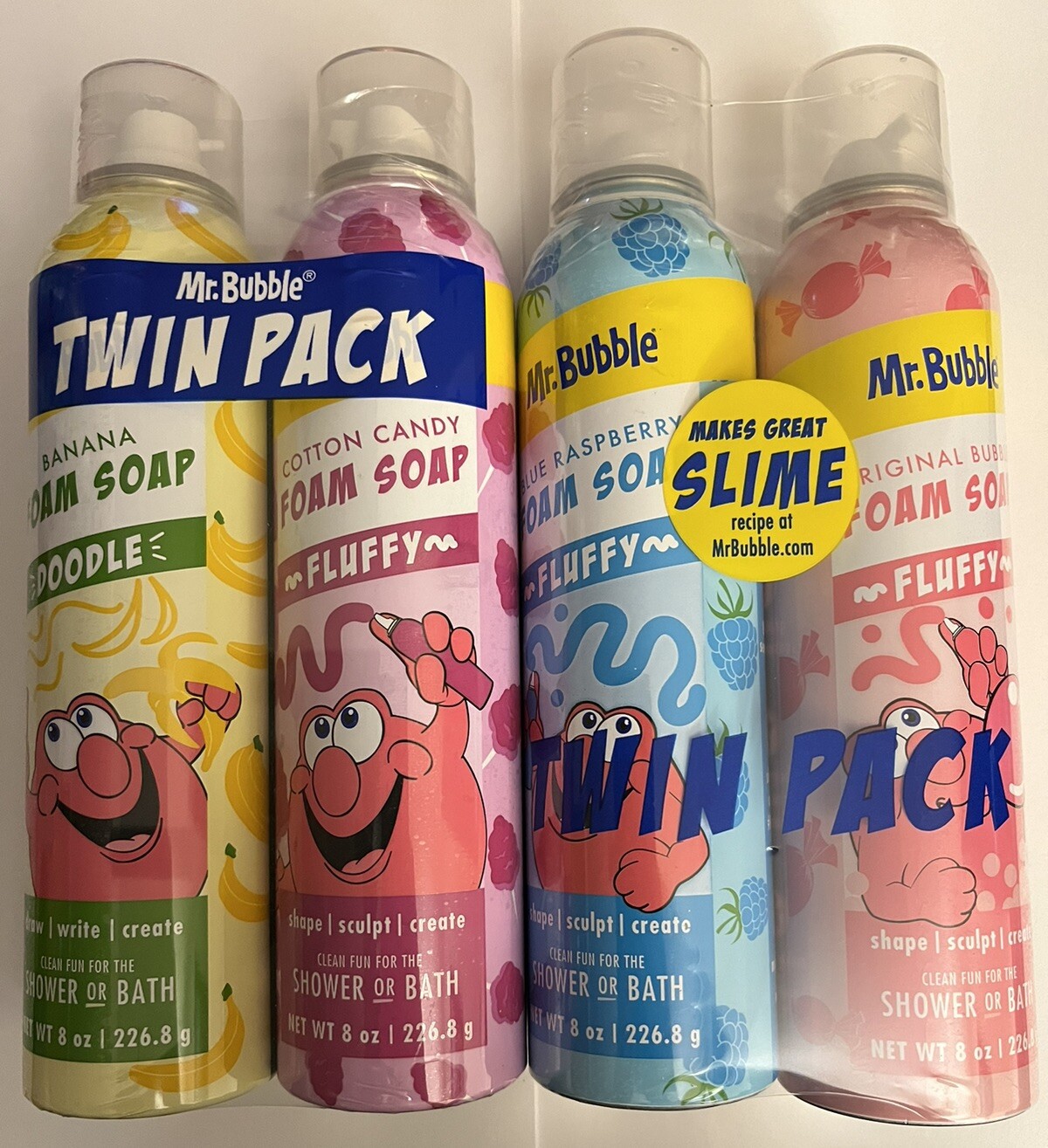 Lot of 4 MR BUBBLE Foam Soap, BANANA, COTTON CANDY, BLUE RASPBERRY & ORIGINAL