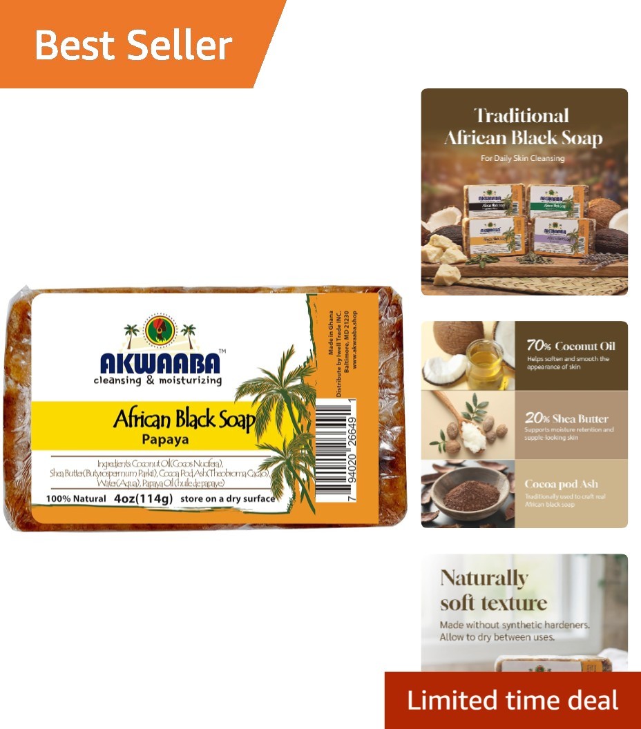 Natural African Black Soap with Papaya | 4 oz Gentle Cleanser for Face & Body