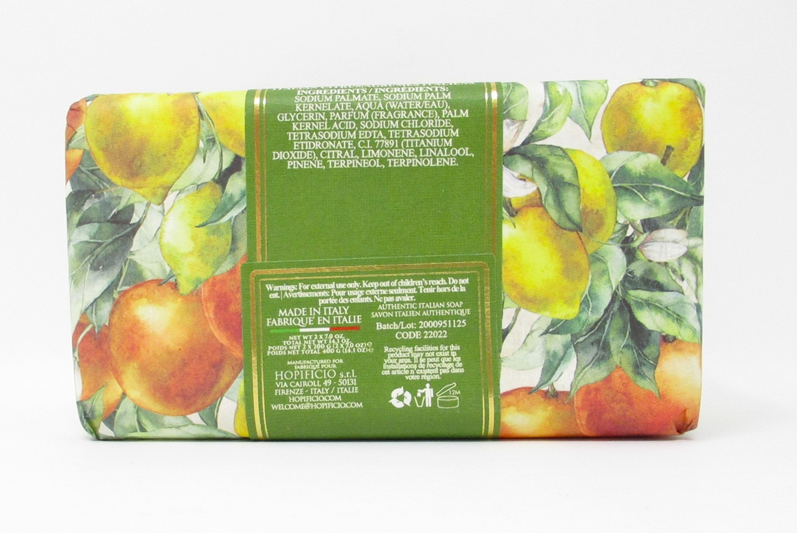 Hopificio Italian Luxury Bath Bar Soap 2 Pack Citrus scented 14.1oz total