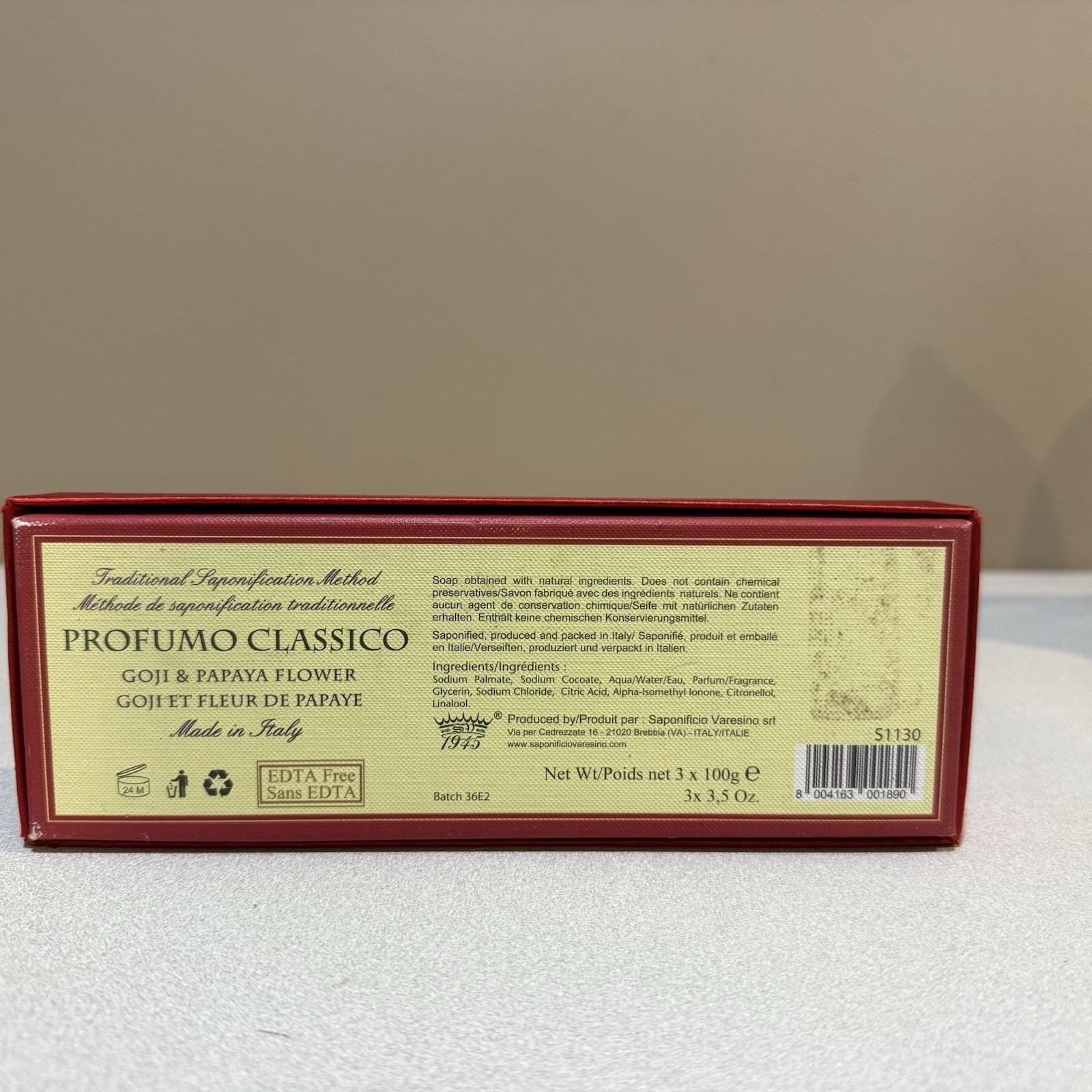 Saponificio Varesino Italy Gift Boxed 3 x 100g Goji and Papaya Flower Soaps NEW