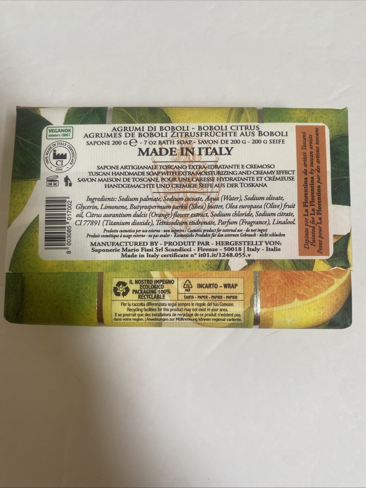 New La Florentina Boboli Citrus Vegan Hand Bath Soap Bar Made in Italy 200g 7 oz