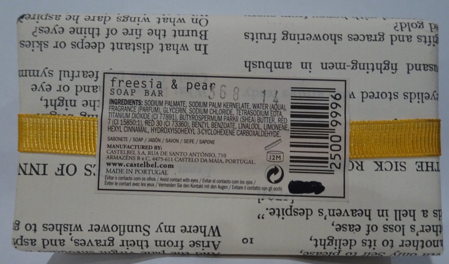 Castelbel Bar Of Soap Freesia & Pear NEW 200g / 7 oz FREE SHIPPING