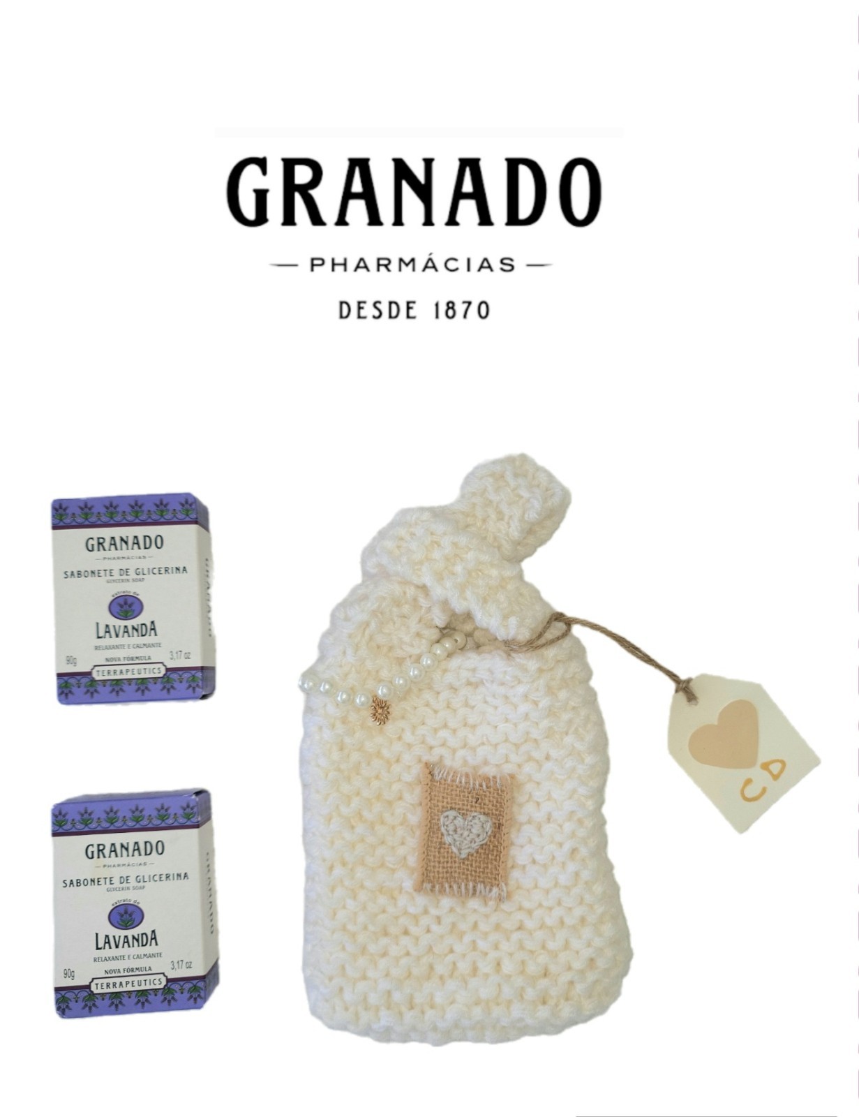 2 Brazil Granado Lavender Glycerin Soap Handmade Knitted Bag and Pearl Bracelet