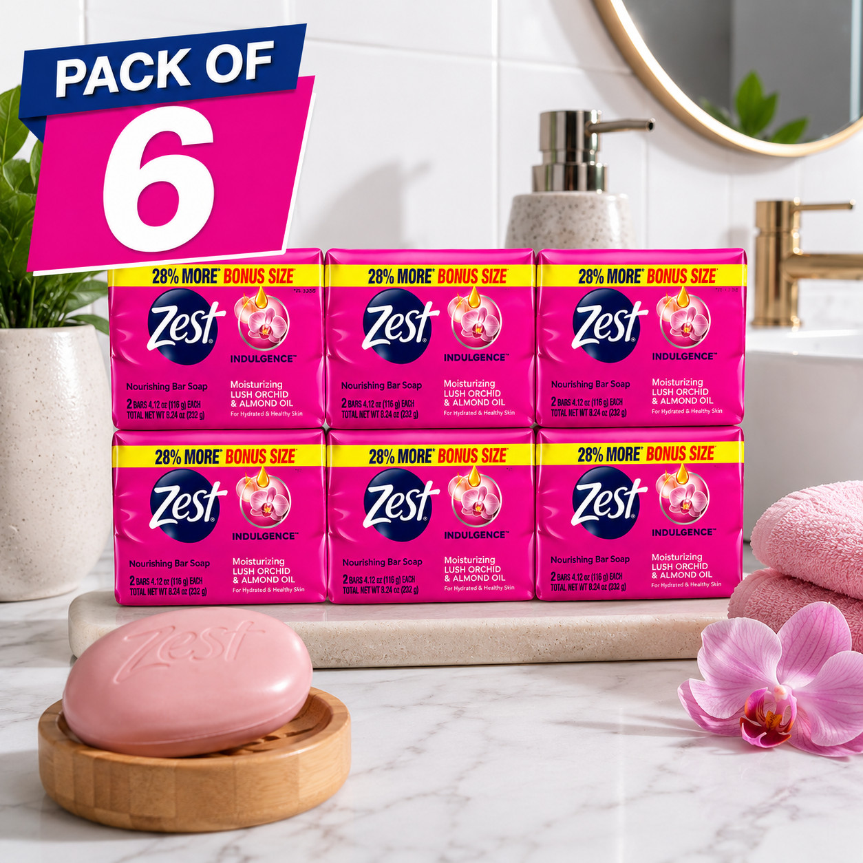 1 Pack of 6 Zest Indulgence Deodorant Bar Soap 4.12 oz Bars Lush Orchid & Almond