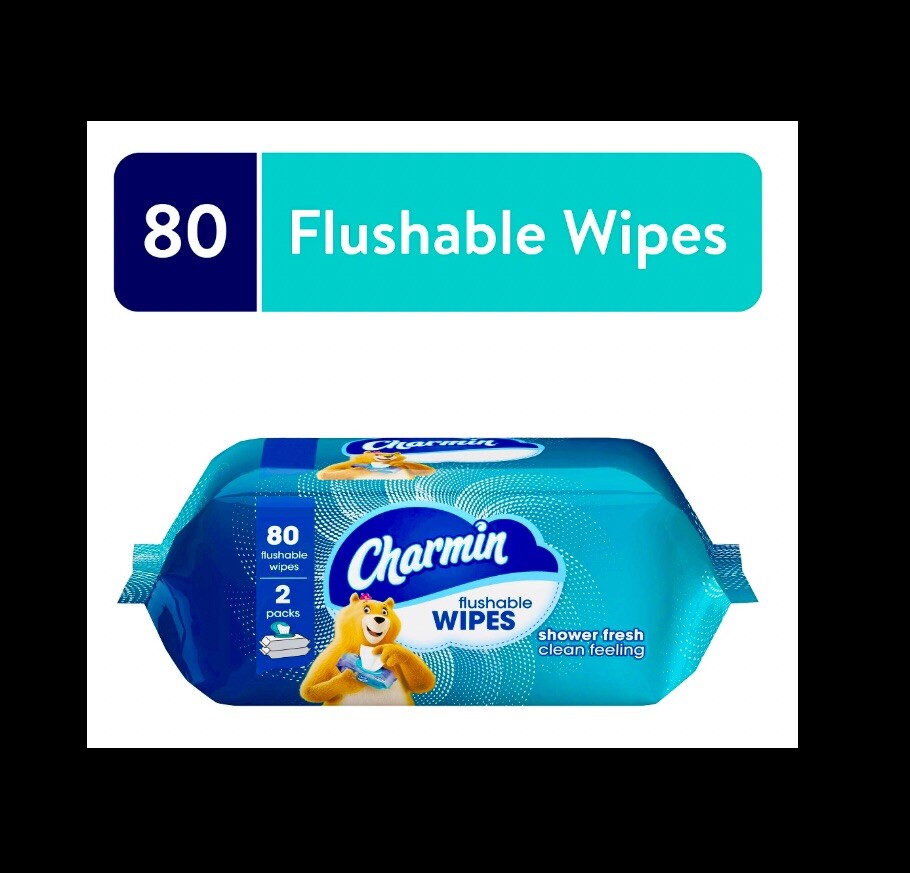 Charmin Flushable Wipes with flip top lids 80 count (2 x 40 Wipes) printed packs