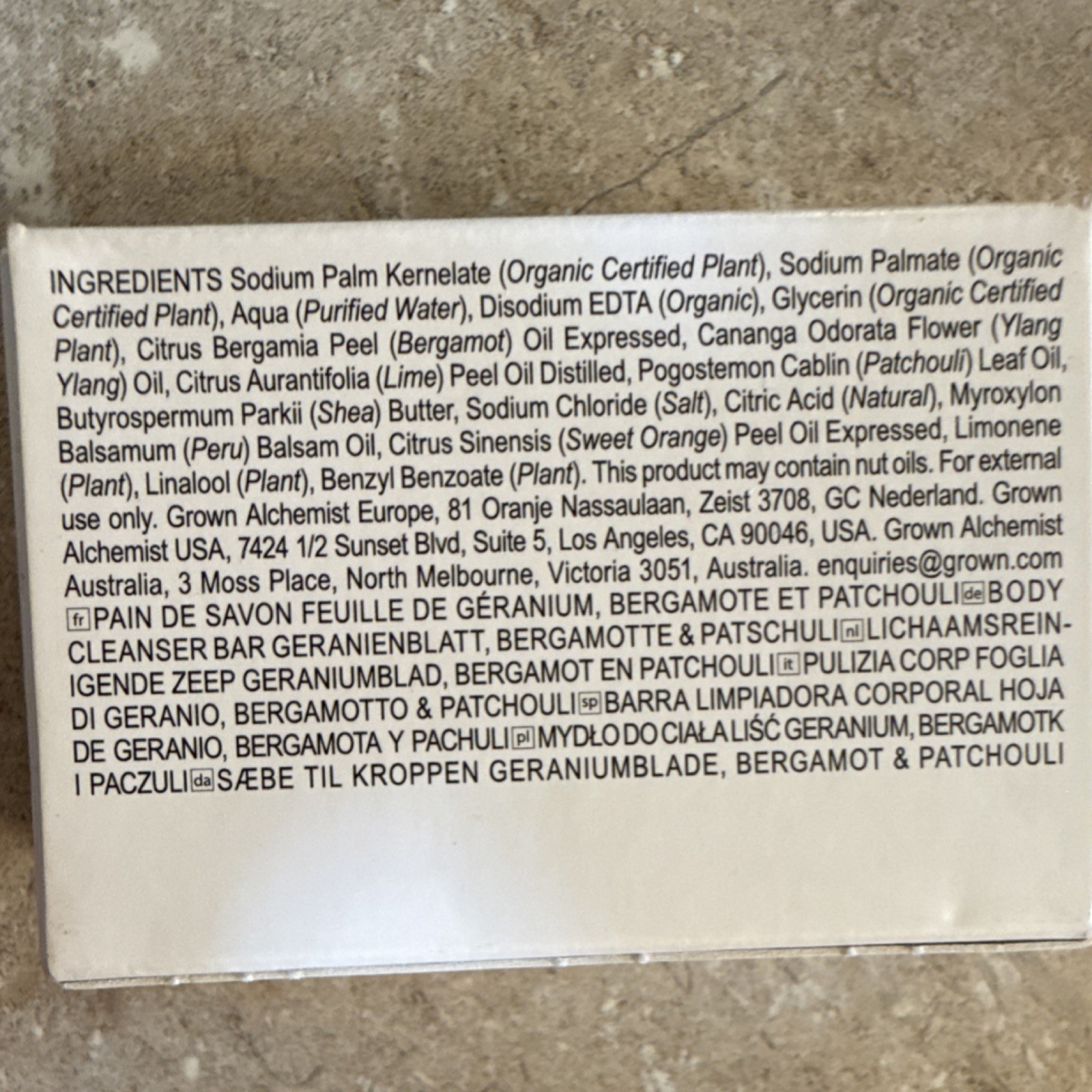 Grown Alchemist Body Cleansing Bar Geranium Leaf Bergamot Patchouli 1.76 oz