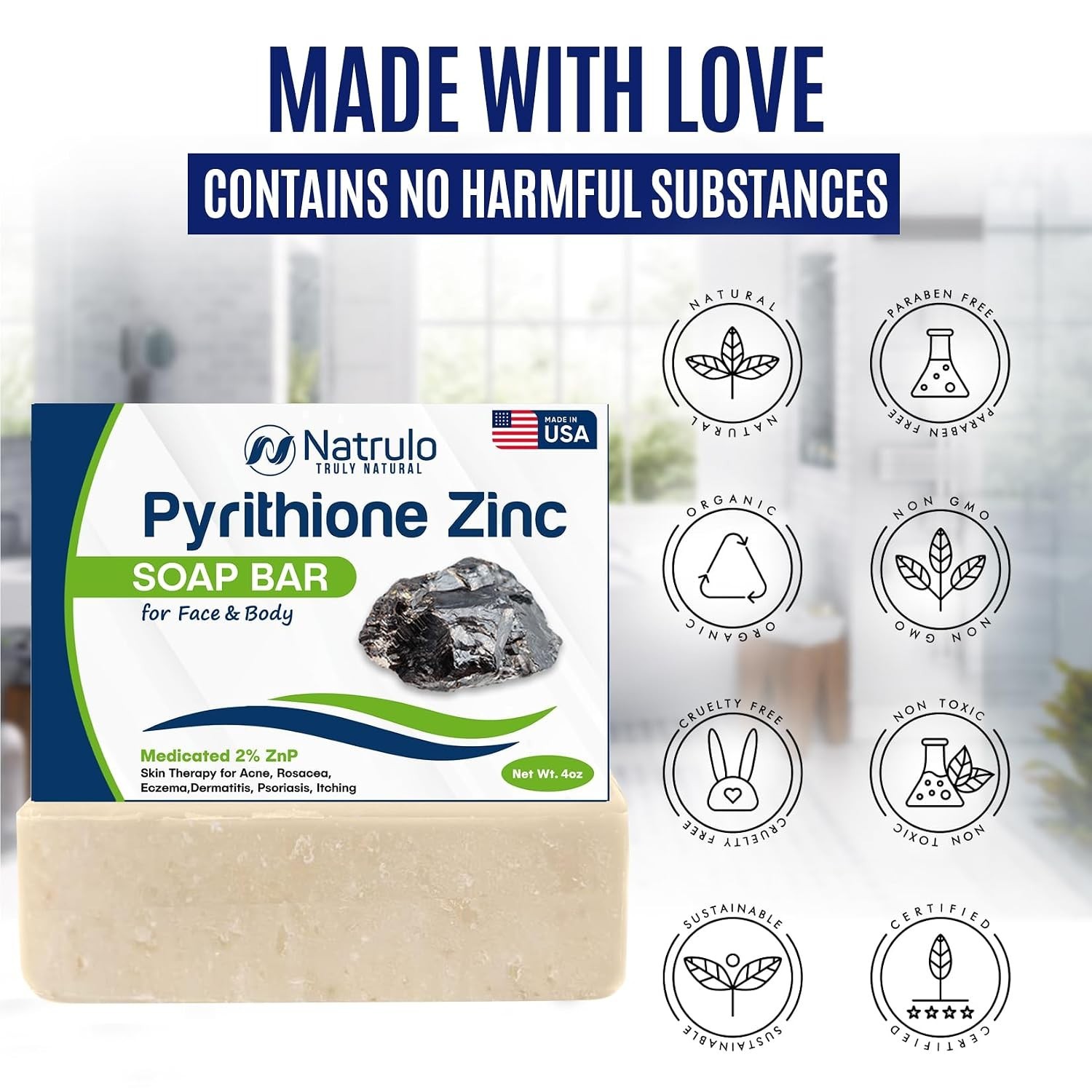 Pyrithione Zinc Soap Bar for Face & Body, 4oz | Medicated 2% ZnP Bar Soap Ski…