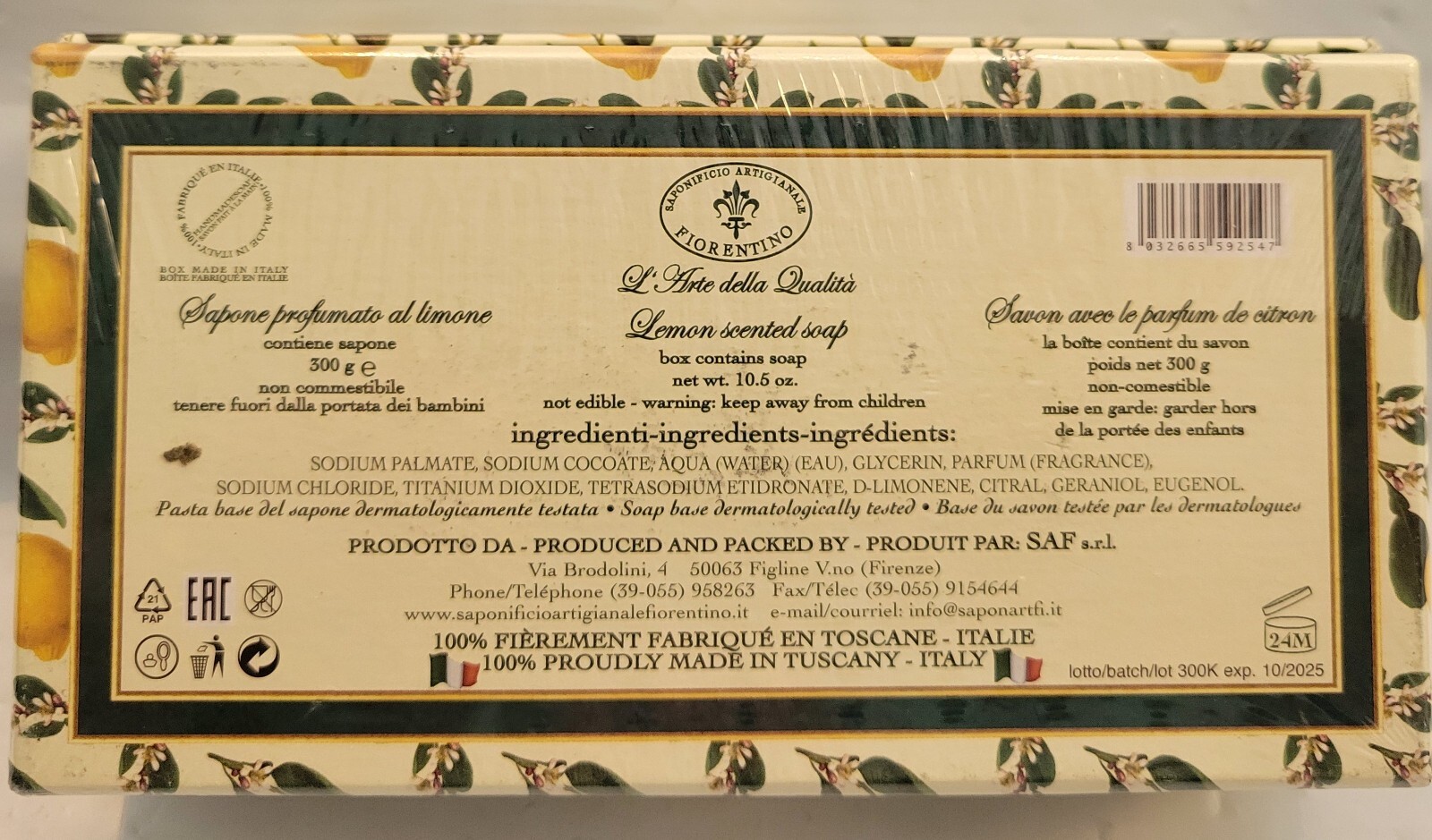 2x La Saponeria Firenze LEMON Scented Soap 10.5 oz Made in Italy 5″ Bar Tuscany
