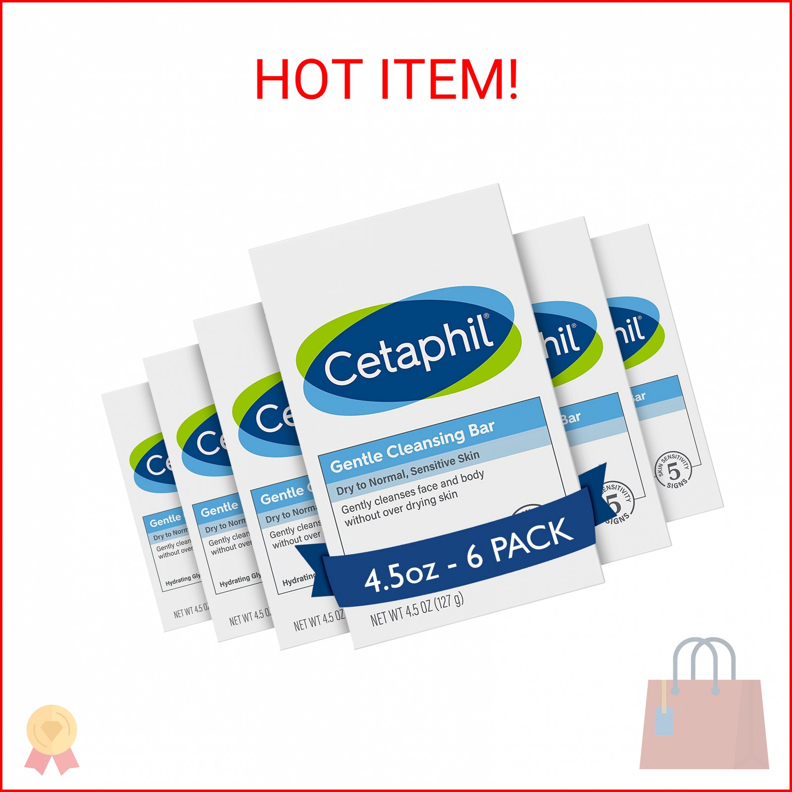 Cetaphil Gentle Cleansing Bar Soap, Sensitive & Dry Skin, 4.5oz, 6ct