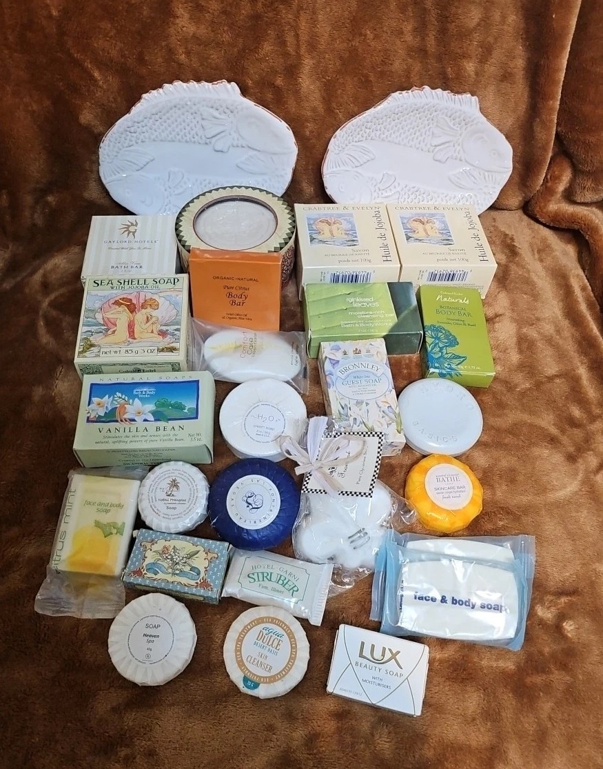 Luxury Soaps & 2 Mud Pie Soap Dish Lot Of 25 Soaps NEW