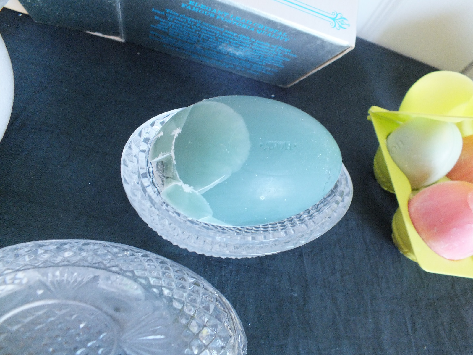 Lot of 2 NOS Avon glass FOSTORIA EGG Dish +SOAP & GRADE A Soap vintage 1970s NIB