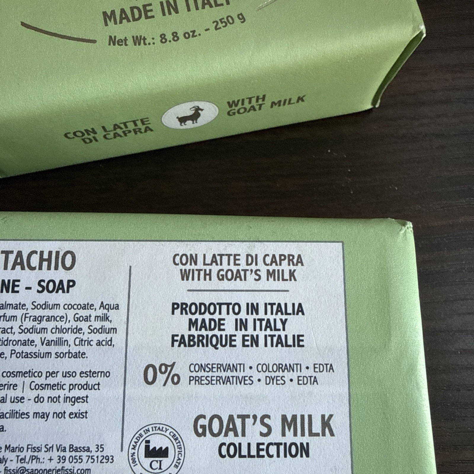 2 pcs SAPONERIE MARIO FISSI SRL 8.8 OZ Bar Soap GOAT MILK With Pistachio