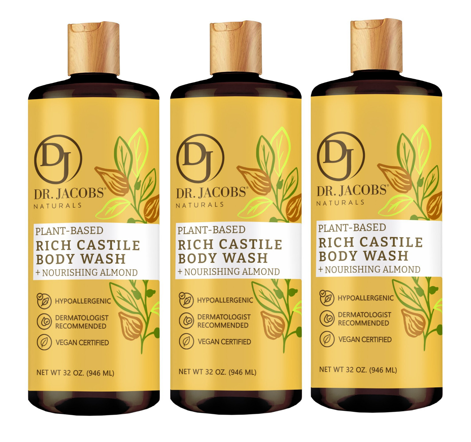 Dr Jacobs Naturals 32oz Almond Castile Body Wash Soap Plant-Based
