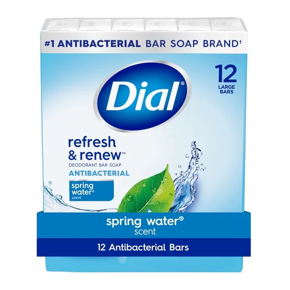 Dial Refresh & Renew Spring Water Antibacterial Deodorant Bar Soap 4 oz 12 Bars