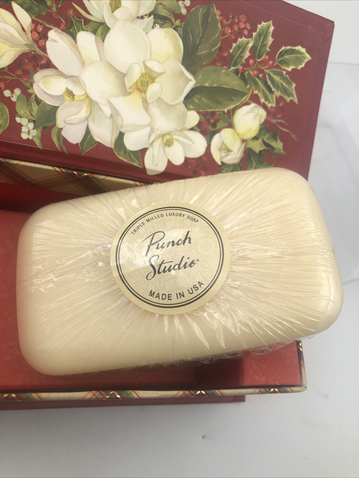 Punch Studio Holiday Magnolias Cranberry Triple Milled Luxury Bar Soap Music Box
