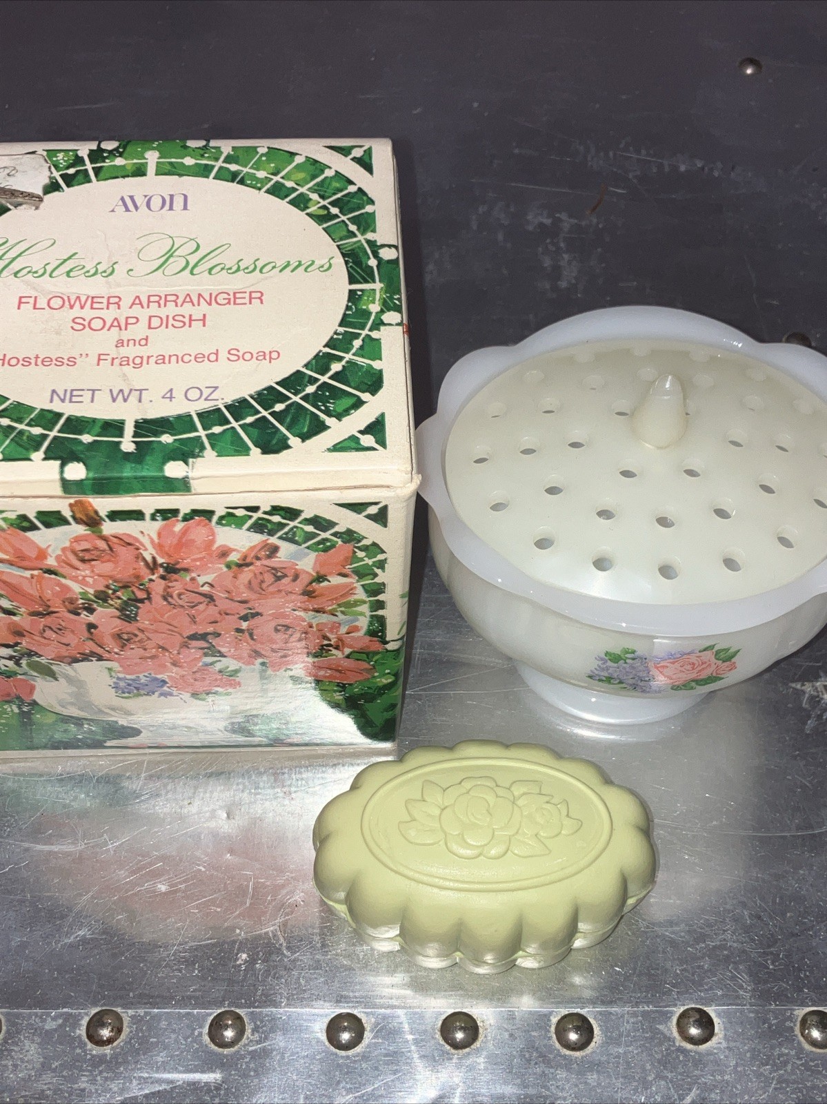 Vintage Avon Hostess blossoms flower arranger milk glass dish w Soap