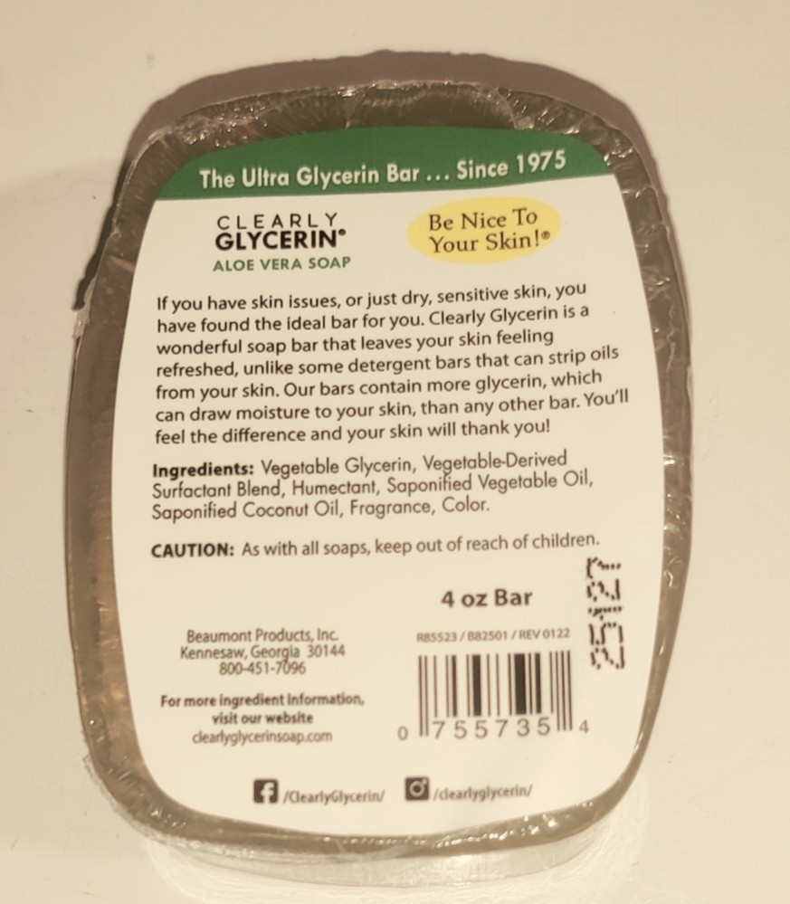 Clearly Glycerin Aloe Vera Bar Soap 4 Oz : New : Fast Shipping :Order One Today