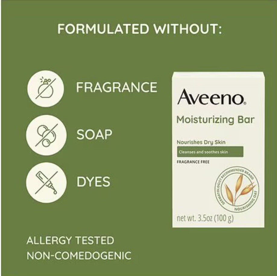 2 Pack Aveeno Moisturizing Bar For Dry Skin 3.5Oz Each Dermatologist Recommended