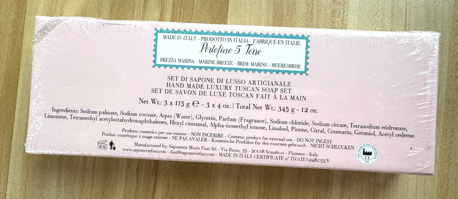 Italian Soaps- Portofino 5 Terre-Marine Breeze-Soap Set of 3 x115g -Made/ Italy