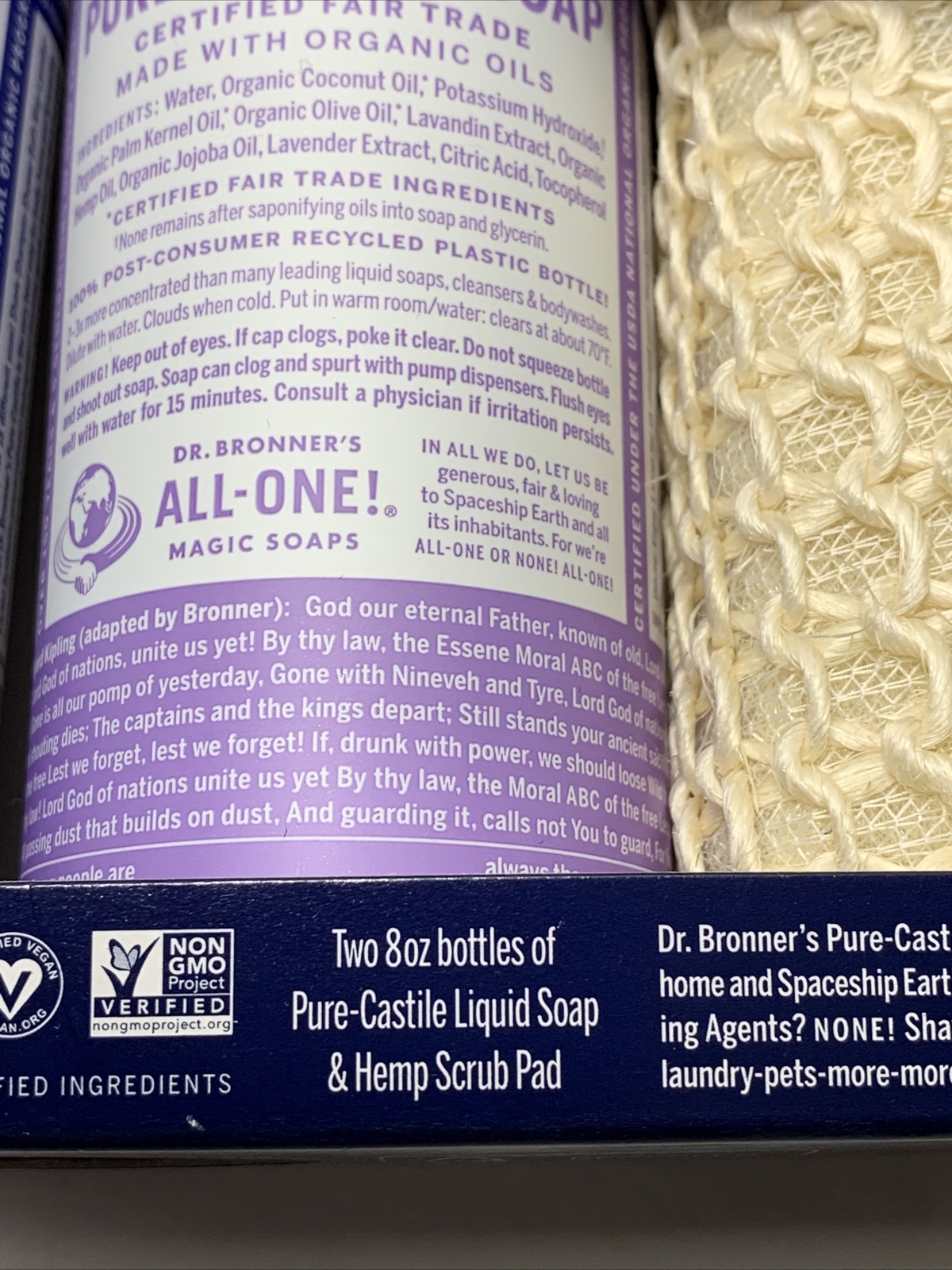 Dr Bronners Organic Liquid Soap Gift Set Peppermint Lavender Scrub Pad