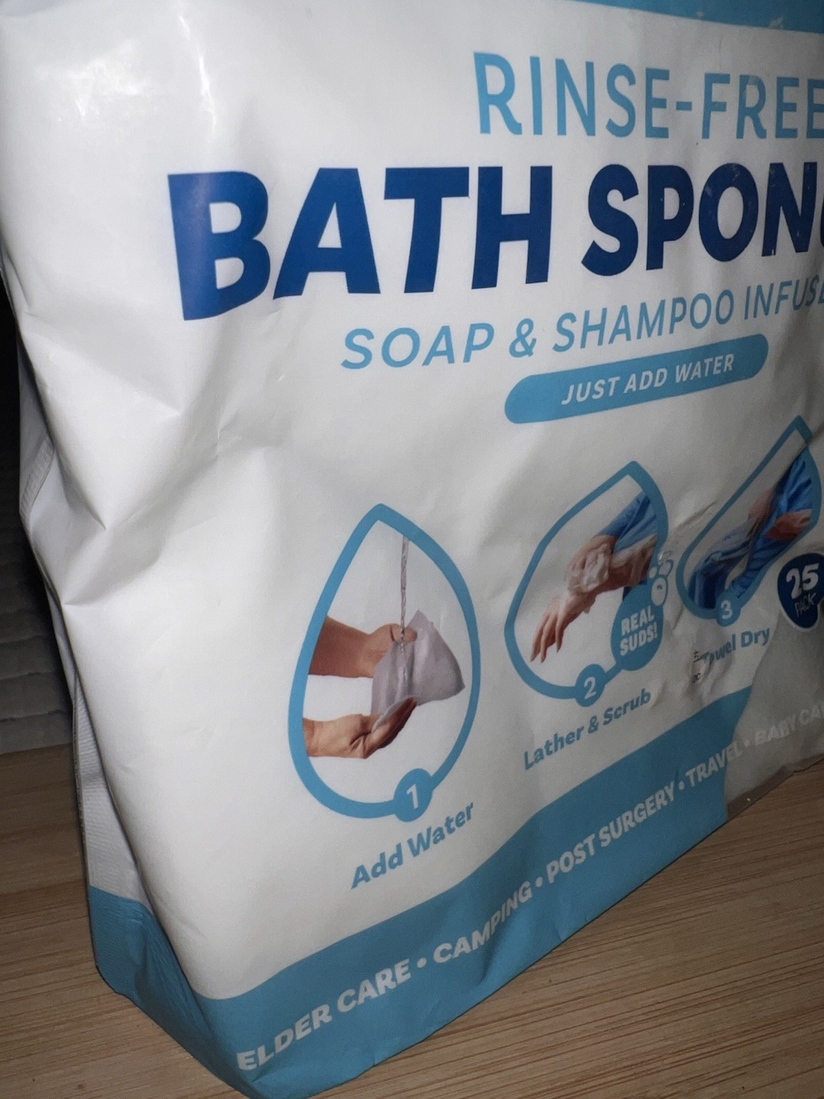 SCRUBZZ DISPOSABLE RINSE FREE TOTAL BODY BATH SPONGES 25 PACK – UNOPENED