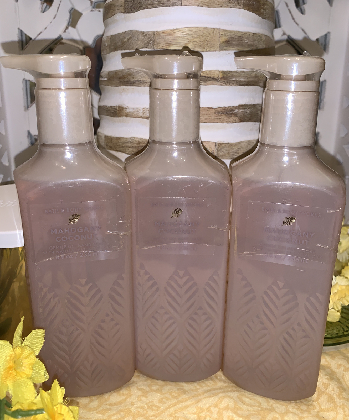 Bath & Body Works Gentle Gel Hand Soap Lot Set 3 MAHOGANY COCONUT w/ essen. oils