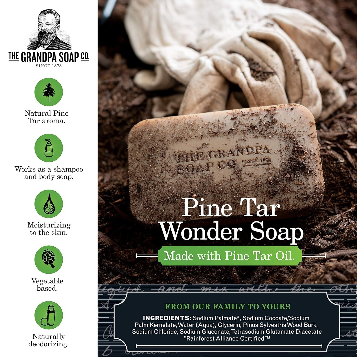 Grandpa’s Pine Tar Soap – Organic Moisturizing Bar, 3.25 oz for All Skin Types