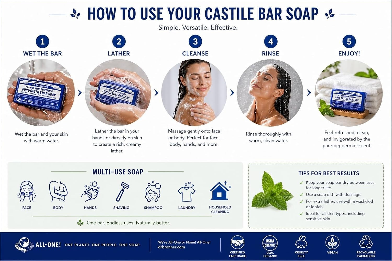 Dr Bronner’s Pure Castille Peppermint Bar Soap, 5 Ounce Pack of 6