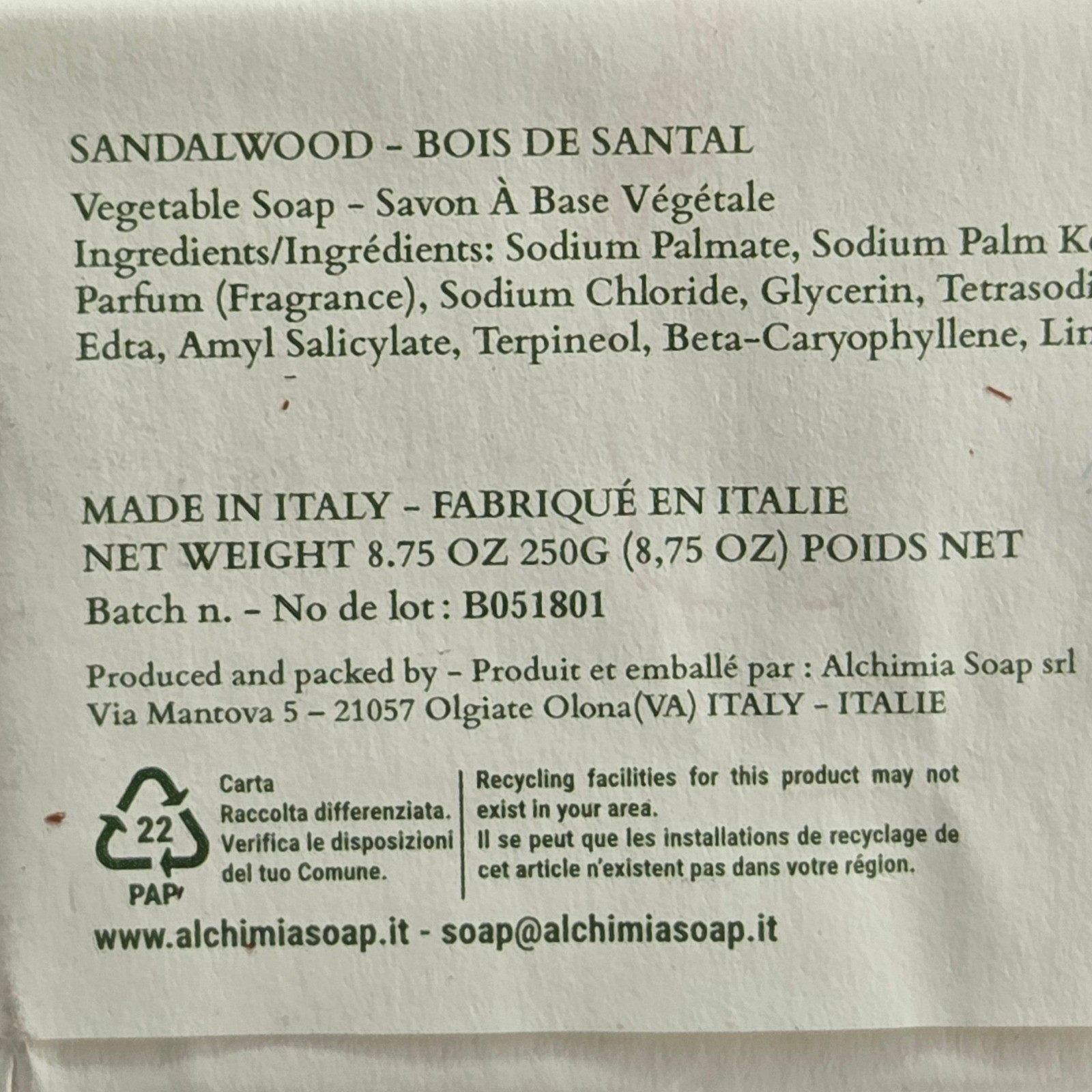 Alchimia Soap Sandalwood Men 8.75oz Italian Vegetable Bar Soap Golf Aesthetic