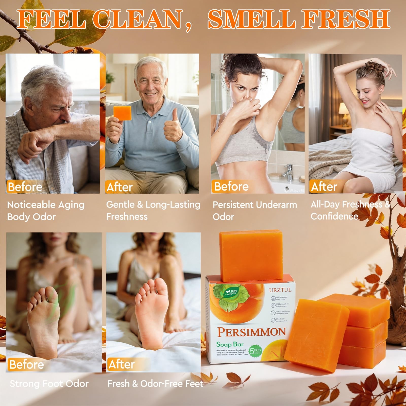 5 PCS Persimmon Soap Bar for Old People Smell