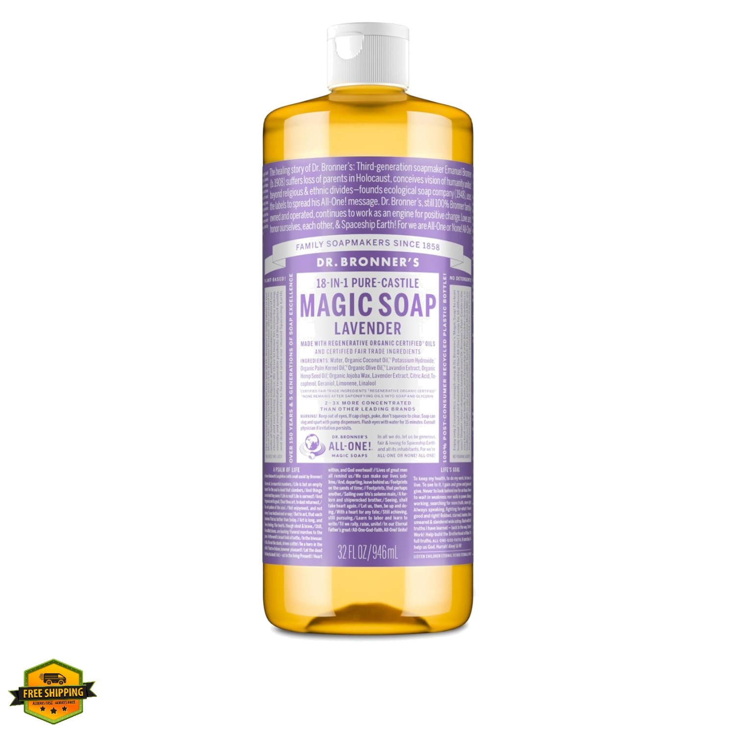 Pure-Castile Liquid Soap, Made with Organic Oils, 18-in-1 Uses: Face, Body, H…
