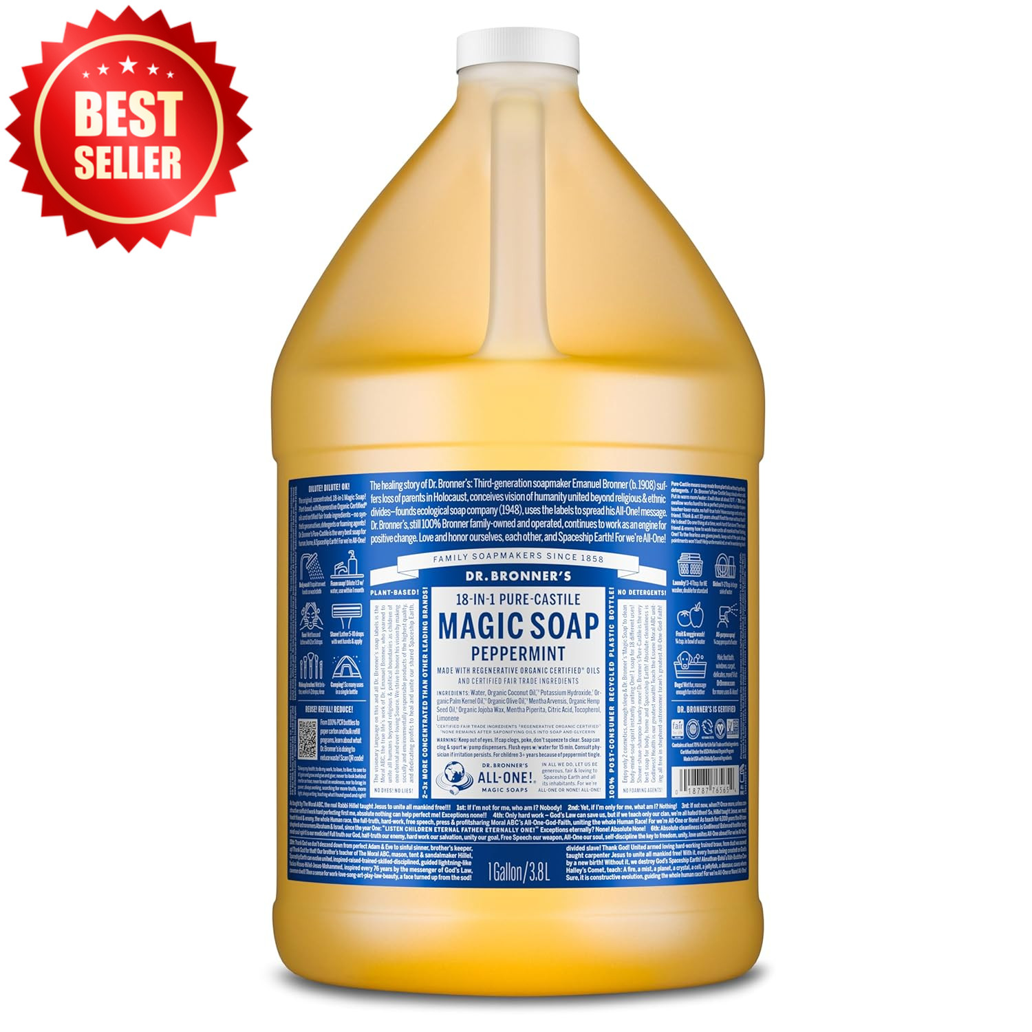 1 Gallon Pure Castile Liquid Soap Peppermint Organic Multi-Use Body Wash US