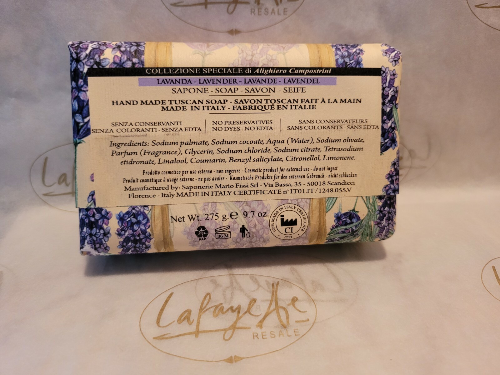 Saponerie Mario Fissi Lavender Vegetable Bath Soap 9.7oz Bar Made in Italy