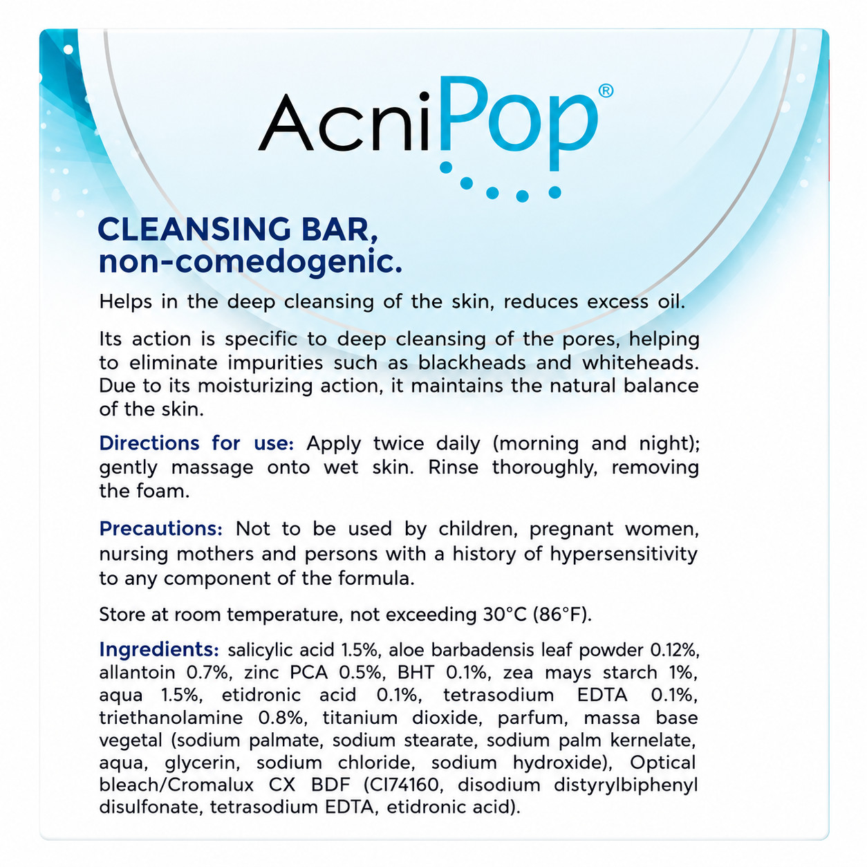 AcniPop Cleansing Bar with Aloe Vera Non-Comedogenic 90g