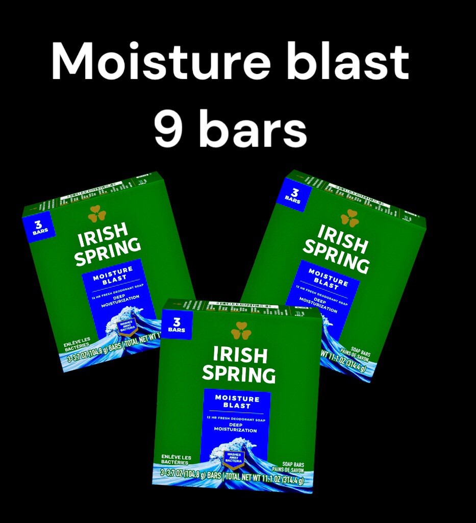 9 Bars Irish Spring Moisture Blast Deodorant Bar Soap:(3pk x 3), 12hr Fresh